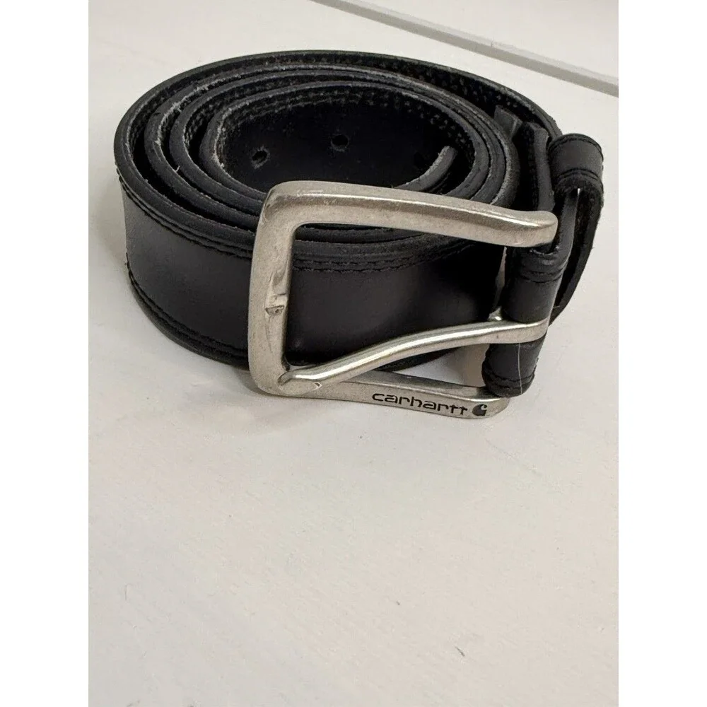 Carhartt Black Leather Belt Silver Buckle Size 38 Made In USA Workwear